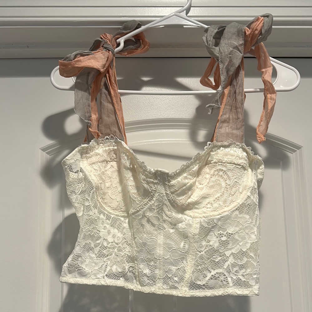 SHEIN White Lace Crop Top with Pink and Gray Ribbons